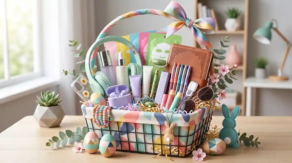 29 Easter Gifts for Teens That Aren’t Just Candy (2026) Creative Easter gifts for teenagers arranged in a colorful gift basket with fun accessories and seasonal decorations