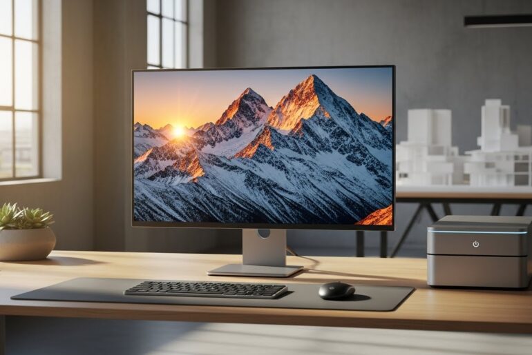 Top-rated 5K monitors for professionals on a creative desk setup.
