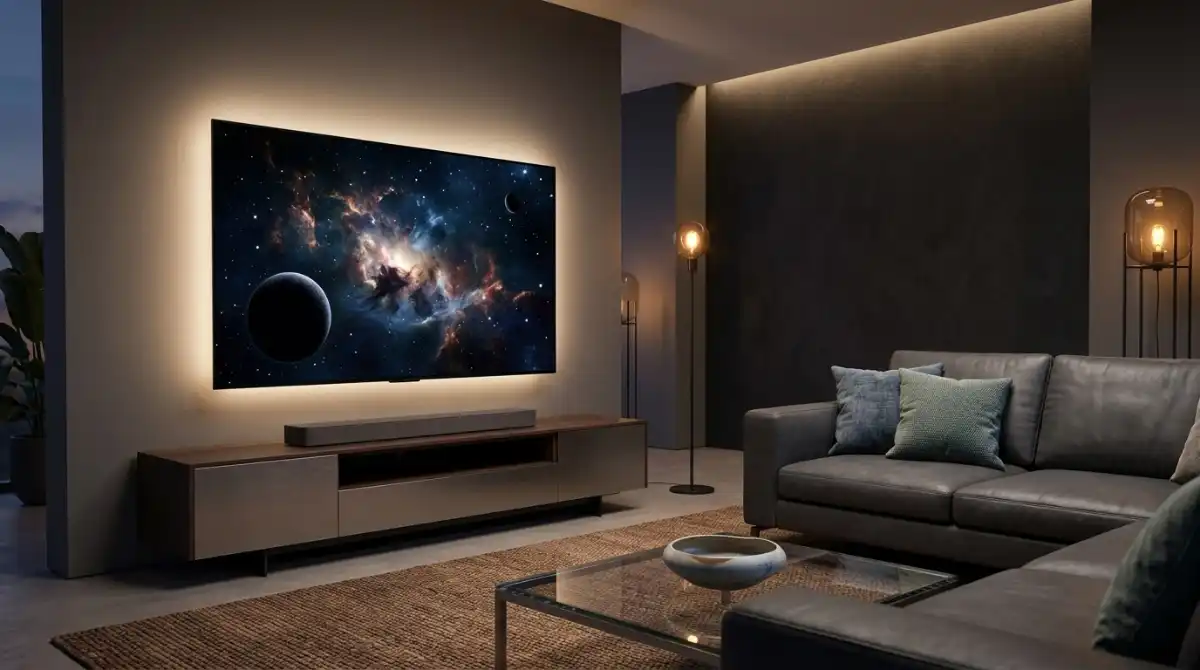 Best 65 Inch OLED TVs (2026): Top Expert Picks & Reviews Modern 65 inch OLED television displaying a high-quality cinematic image in a stylish home theater setup