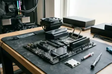 AMD CPU processor and motherboard components arranged for a gaming PC build with compatible hardware selection