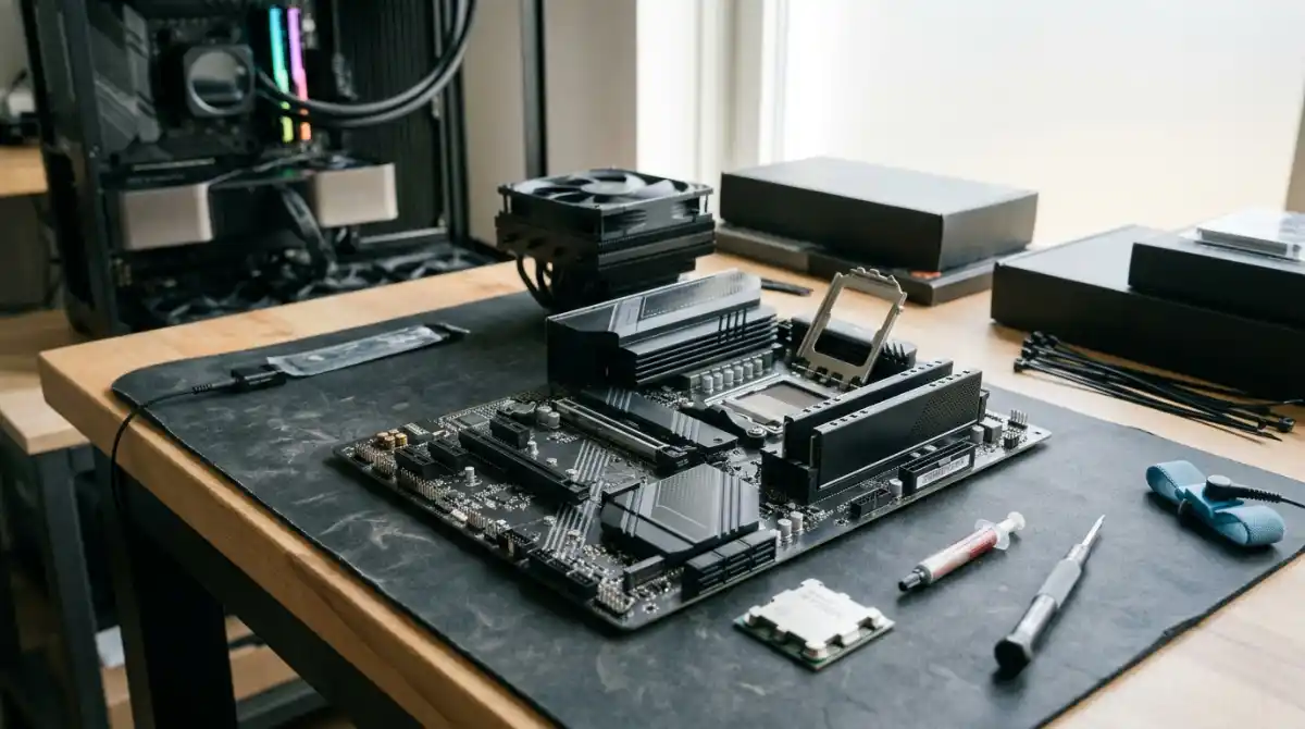 Best AMD CPU And Motherboard Combo 2026: 8 Tested Options AMD CPU processor and motherboard components arranged for a gaming PC build with compatible hardware selection