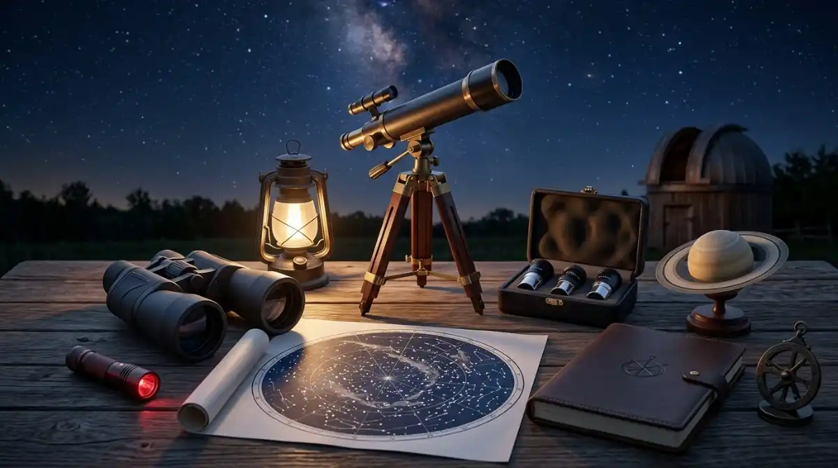 Best Astronomy Gifts (2026): 12 Ideas Stargazers Love Astronomy gift collection featuring a telescope, star map, binoculars, and stargazing accessories on a table outdoors at night