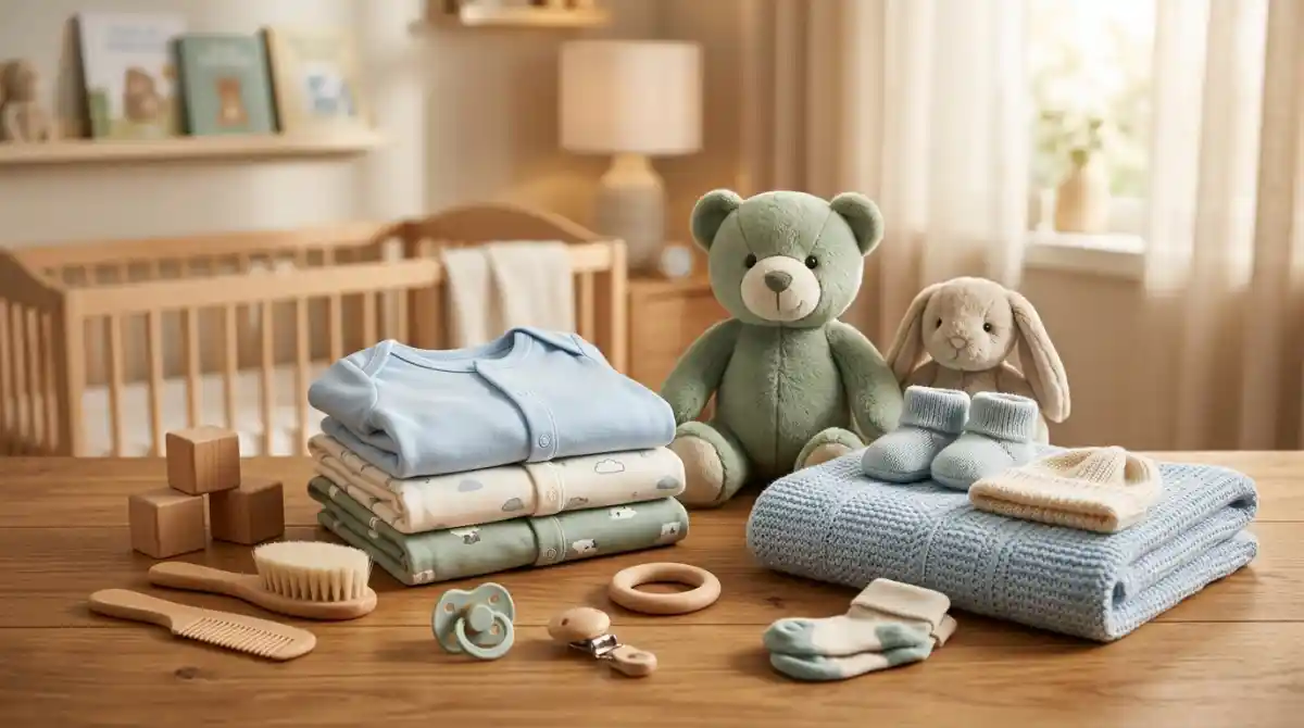 Best Baby Boy Gifts (2026): Complete Gift Guide Cute baby boy gift items including soft toys, baby clothes, and keepsakes arranged in a nursery setting