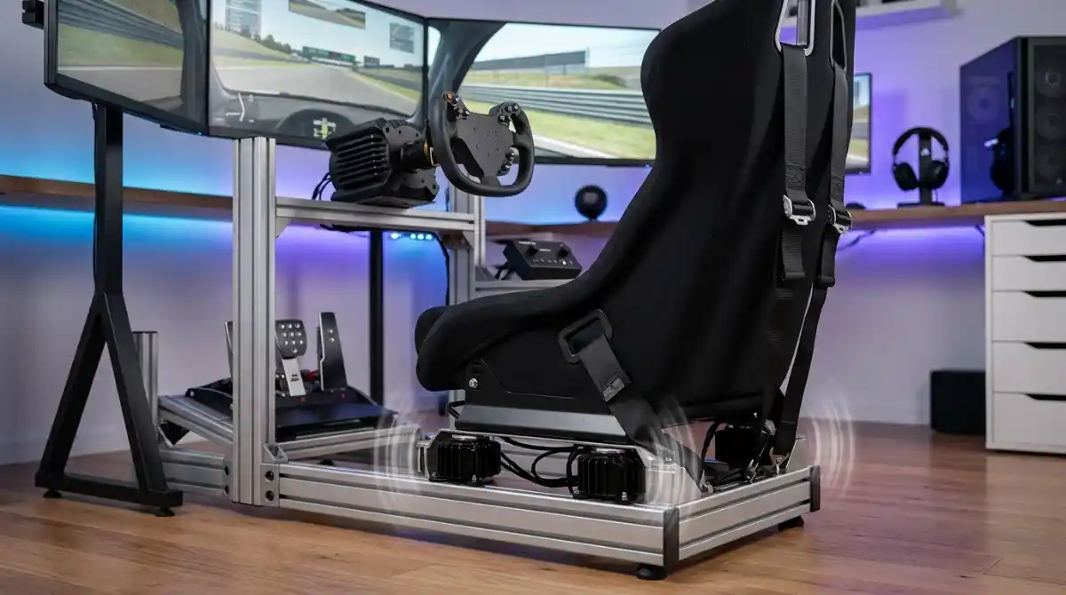 Best Bass Shakers For Sim Racing 2026: Top Picks Guide Realistic sim racing cockpit setup with bass shakers installed for immersive vibration feedback and enhanced racing experience