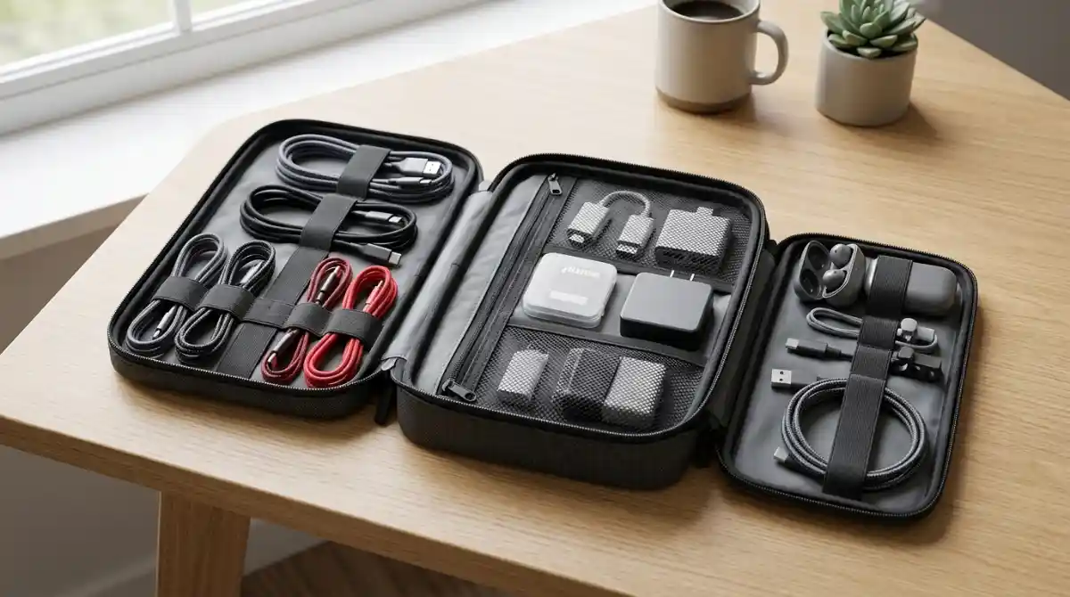 Best Cable Organizer Bags: 13 Models Tested and Rated 2026 Modern cable organizer bag with neatly arranged charging cables, adapters, and electronic accessories for travel and daily use
