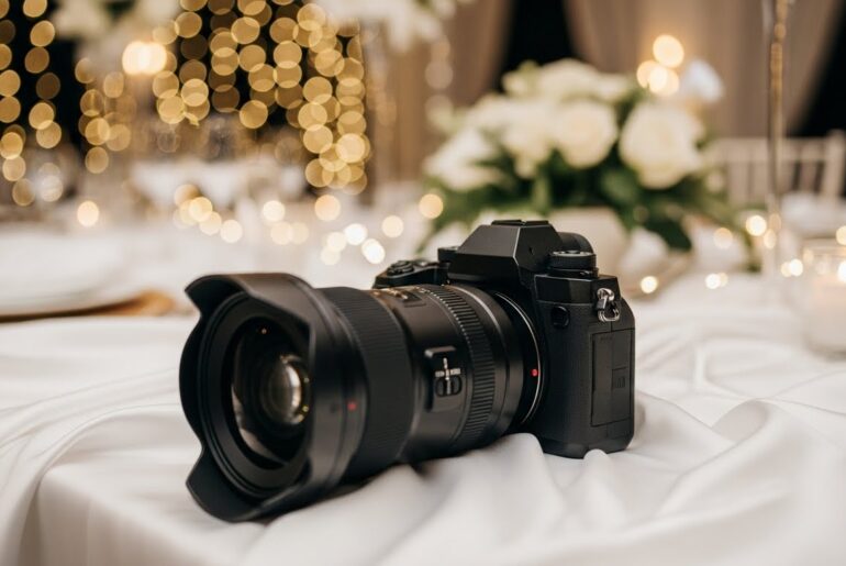Top-rated professional cameras for wedding photography in 2026 on an elegant reception table.