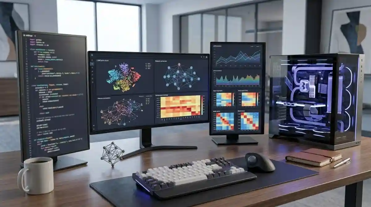 Best Desktop Computers for Data Science (2026): 8 Tested High-performance desktop workstation with multiple monitors displaying data science dashboards and machine learning analytics