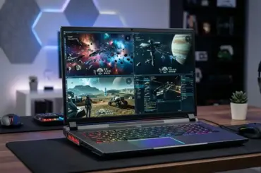 High performance gaming laptop running EVE Online with a futuristic space game environment for multi-client gaming