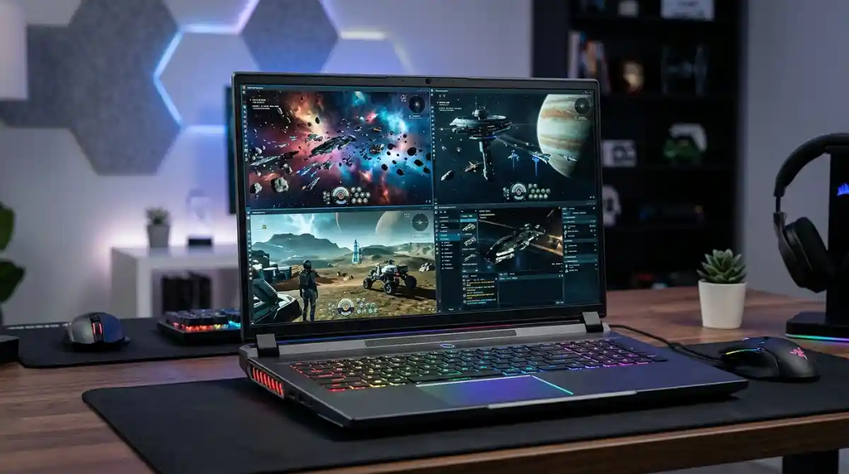 Best EVE Online Laptops 2026: 8 Models Tested for Multi-Client Gaming High performance gaming laptop running EVE Online with a futuristic space game environment for multi-client gaming