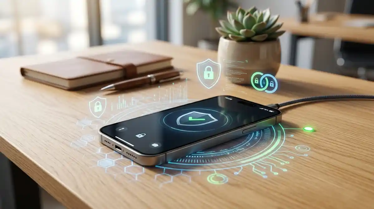 Best Free Antivirus For iPhone 2026: 6 Security Apps Tested iPhone displaying a security app interface with digital protection elements for mobile privacy and online safety