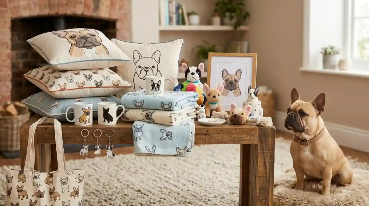 Best French Bulldog Gifts (2026): 12 Unique Frenchie Ideas Collection of unique French Bulldog themed gifts including mugs, pillows, toys, and decorative accessories arranged on a table