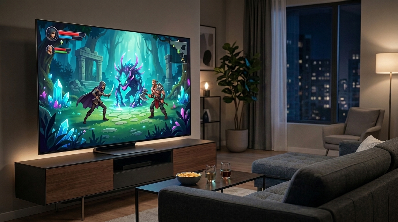 Best Games Like It Takes Two (2026): Top Co-op Picks Two players enjoying a colorful cooperative adventure game on a large television using game controllers in a modern living room