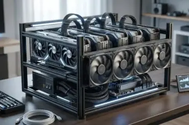 High performance graphics cards installed in a mining rig setup for cryptocurrency mining and GPU computing