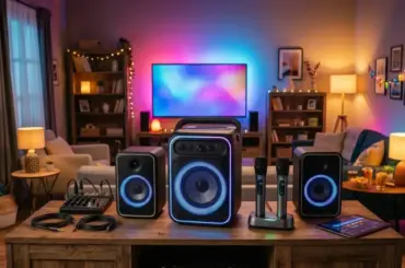 Portable karaoke speaker with microphones delivering powerful sound for home parties and entertainment