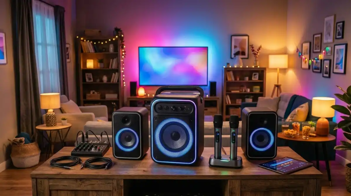 Best Karaoke Speakers for Perfect Party Sound (2026) Portable karaoke speaker with microphones delivering powerful sound for home parties and entertainment