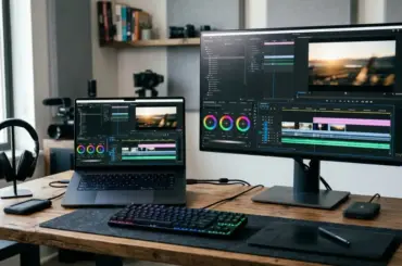 Modern high-performance laptop running professional video editing software on a clean workspace with dual displays and creative editing equipment