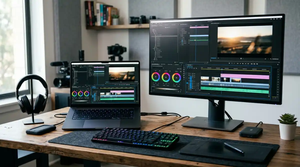 Best Laptops For Adobe After Effects (2026): Top 10 Tested Modern high-performance laptop running professional video editing software on a clean workspace with dual displays and creative editing equipment