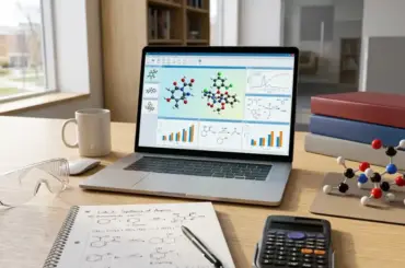 Modern laptop on a chemistry study desk with textbooks, laboratory notes, scientific calculator, and molecular model for college students
