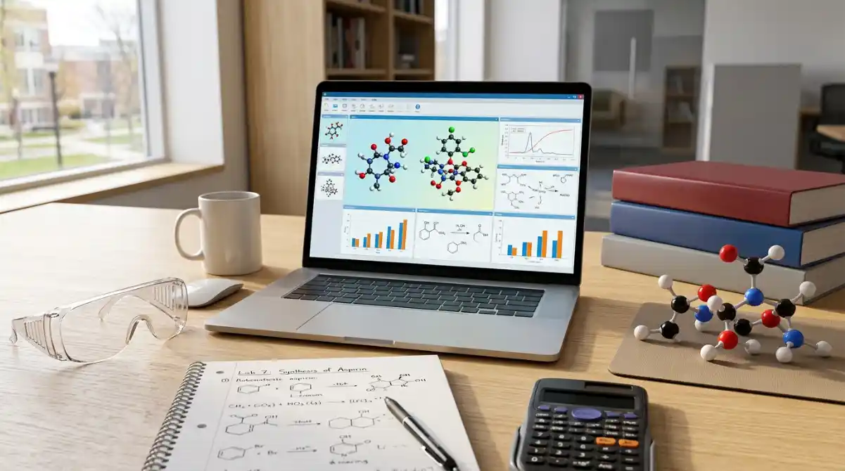 Best Laptops for Chemistry Students (2026) – Top Picks Modern laptop on a chemistry study desk with textbooks, laboratory notes, scientific calculator, and molecular model for college students
