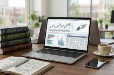 Modern laptops on a study desk with financial charts, spreadsheets, and statistical analysis software for economics students