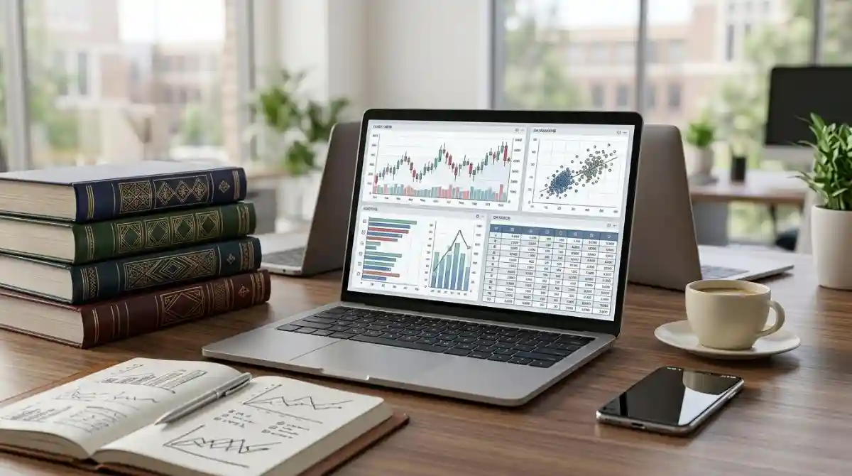 Best Laptops for Economics Students (2026): Top 8 Picks Modern laptops on a study desk with financial charts, spreadsheets, and statistical analysis software for economics students