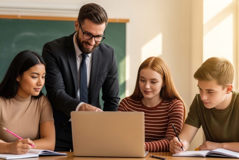 A medium-shot photograph featuring a male teacher and three students, two girls and one boy, gathered around a silver laptop on a wooden desk.