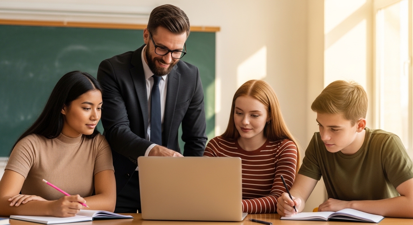 8 Best Laptops for Teachers 2026: Top AI & Classroom Picks A medium-shot photograph featuring a male teacher and three students, two girls and one boy, gathered around a silver laptop on a wooden desk.