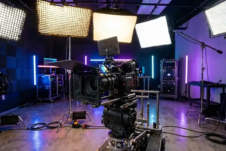 Best Lights for Video Production – professional LED panel lights, softboxes, and RGB studio lighting illuminating a video camera setup for filmmaking and content creation.