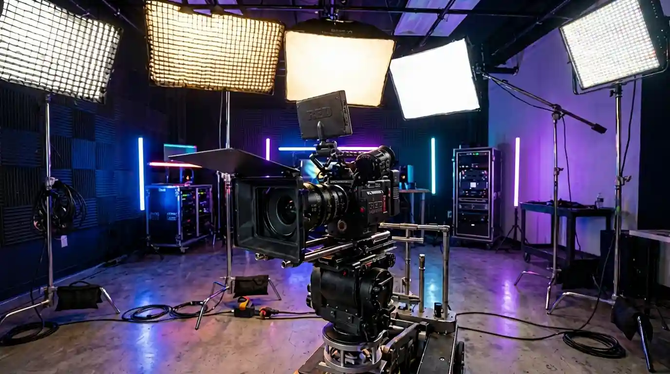 Best Lights For Video Production 2026: 12 Professional Lights Tested Best Lights for Video Production – professional LED panel lights, softboxes, and RGB studio lighting illuminating a video camera setup for filmmaking and content creation.