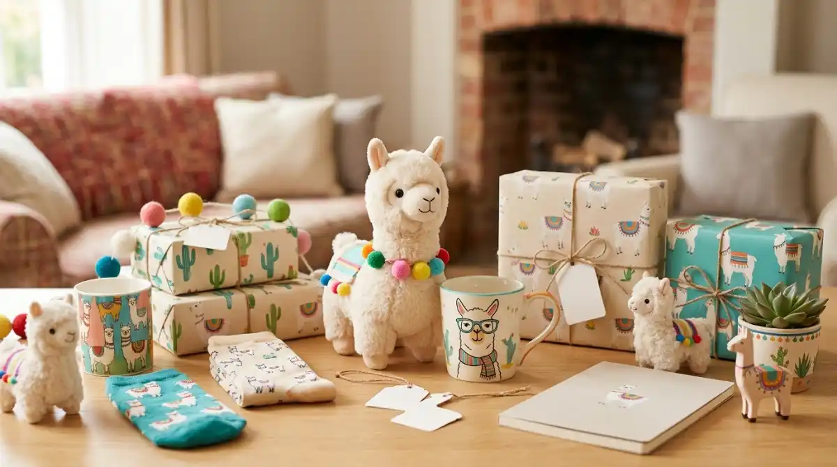 Best Llama Gifts: 12 Adorable Ideas for Llama Lovers Cute llama themed gifts displayed on a table with plush toys, accessories, and decorative items for llama lovers