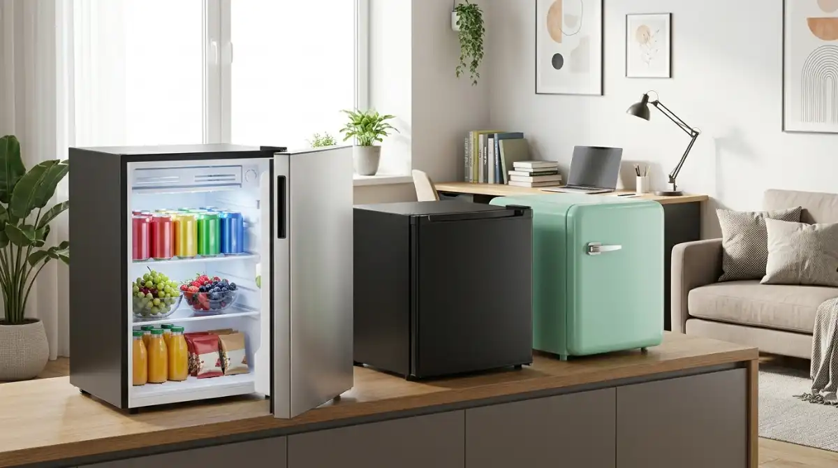 Best Mini Refrigerator Brands (2026): 8 Most Reliable Picks Modern compact mini refrigerator placed in a stylish dorm room with beverages and snacks neatly organized inside