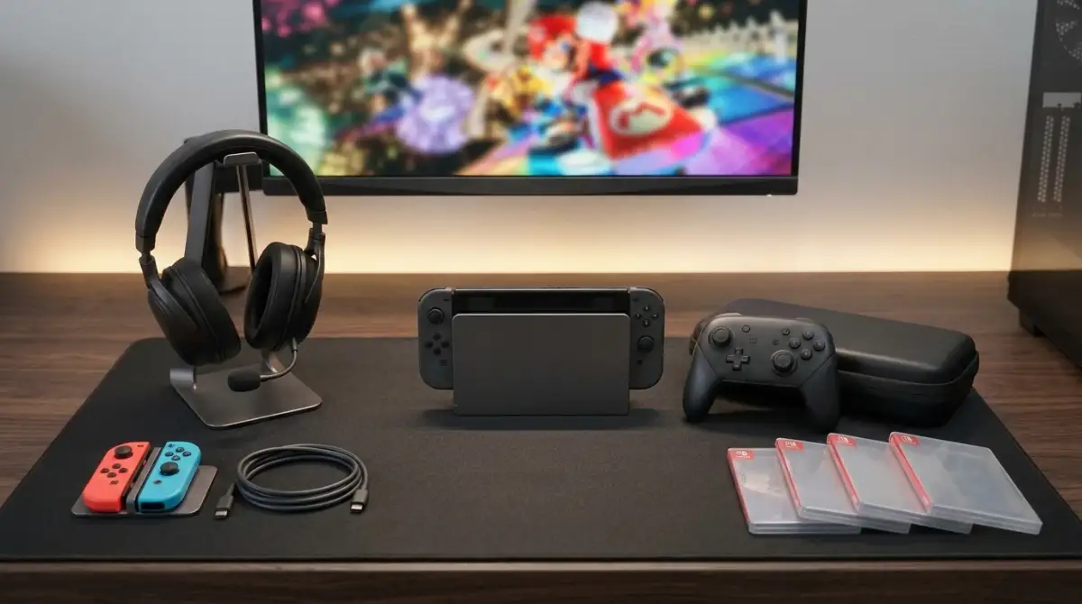 Best Nintendo Switch Accessories 2026: 10 Must-Have Items Tested Nintendo Switch gaming setup with essential accessories including controllers, cases, charging dock, and gaming gear