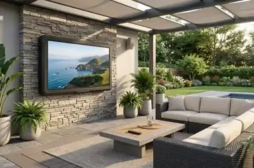 Weatherproof outdoor TV installed on a modern patio with comfortable seating and an outdoor entertainment setup