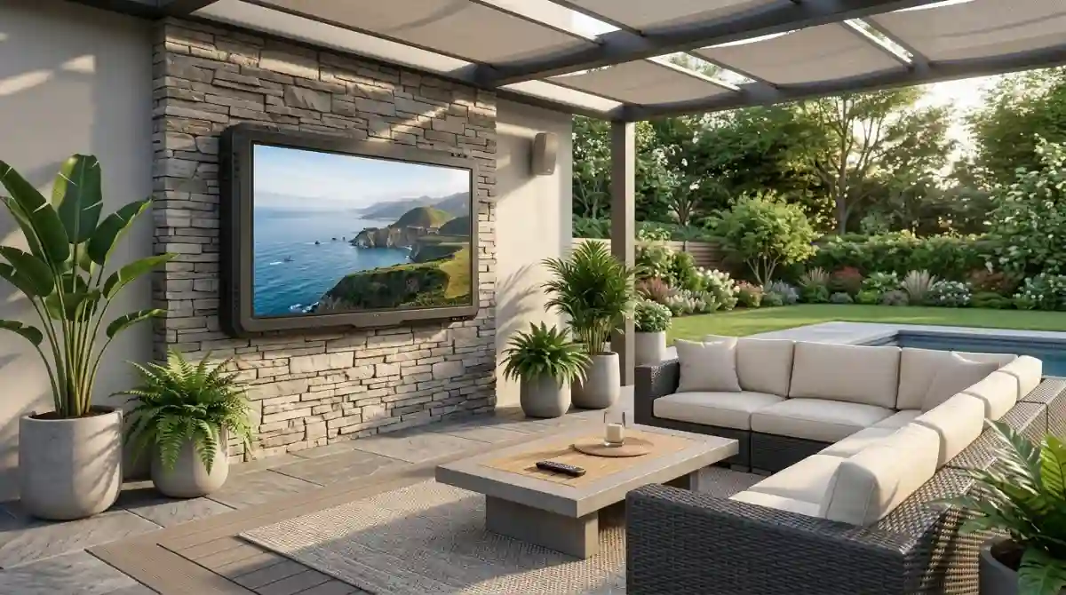 Best Outdoor TVs (2026): 8 Weatherproof Models Tested Weatherproof outdoor TV installed on a modern patio with comfortable seating and an outdoor entertainment setup