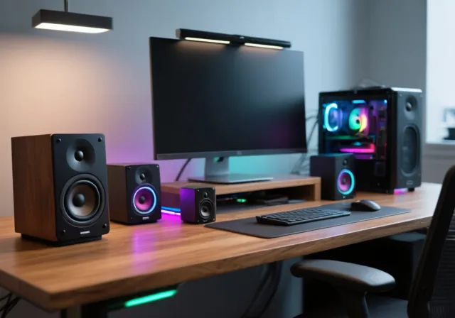10 Best PC Speakers (2026): Tested & Compared for Every Budget Modern PC speaker setup with bookshelf and desktop speakers on a computer desk for gaming, music, and entertainment