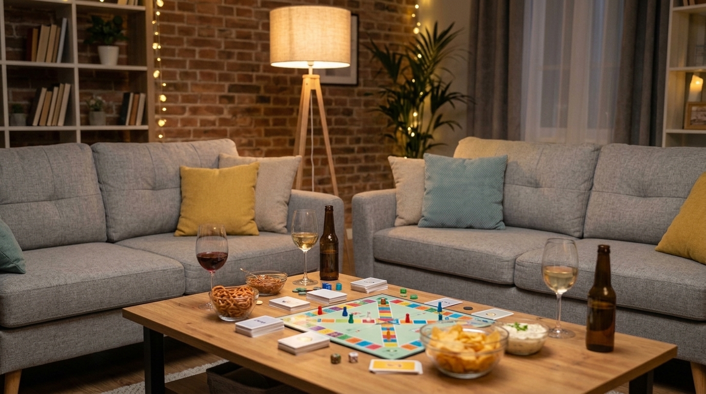 Best Party Adult Games (2026): Top Fun Picks for Every Party Group of adults laughing while playing a fun party game around a table with cards, board games, and snacks
