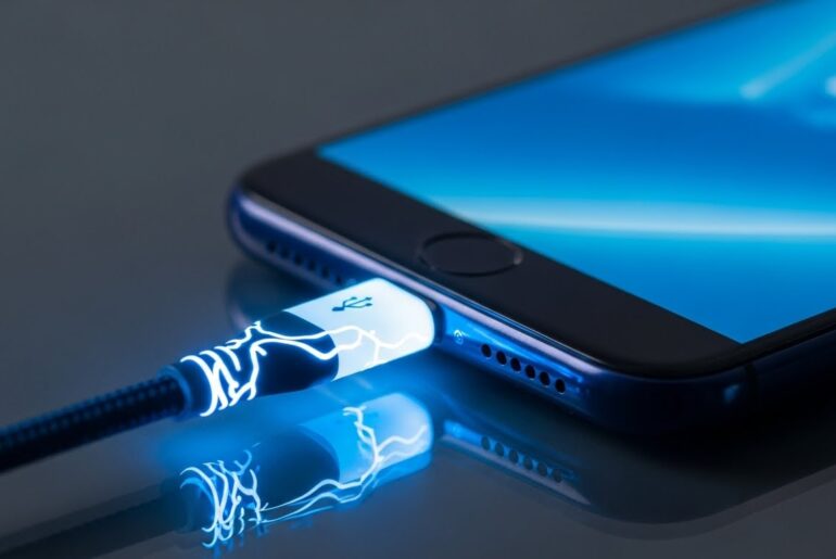 Fastest charging phones speed test results showing battery charging on a desk.