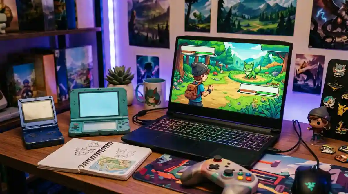 Best Pokémon Fan Games 2026: 12 Incredible ROM Hacks Collection of Pokemon-inspired fan game artwork displayed on a gaming setup with handheld consoles and creative designs