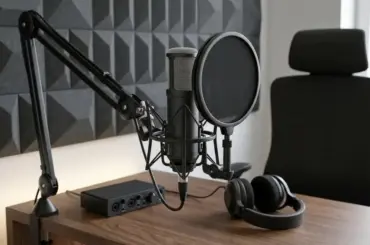 Professional microphone with a pop filter setup for vocal recording in a home studio