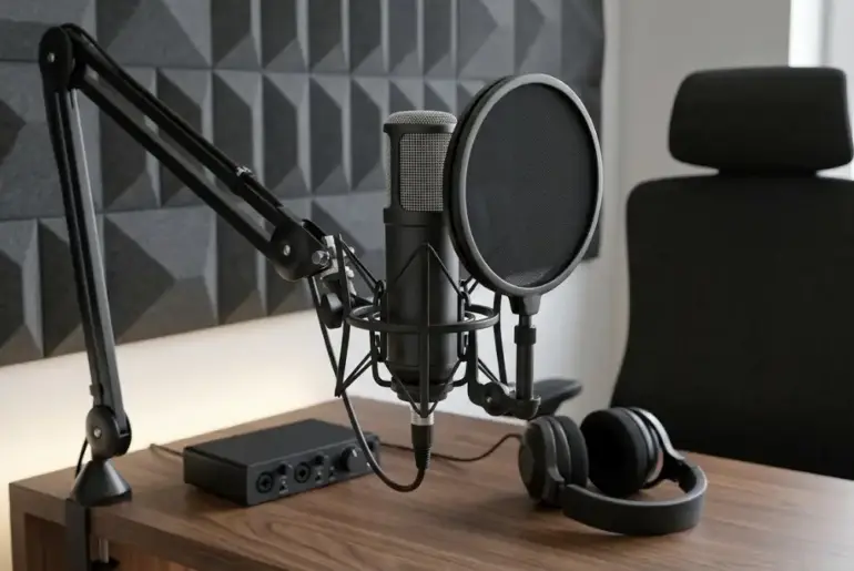 Professional microphone with a pop filter setup for vocal recording in a home studio
