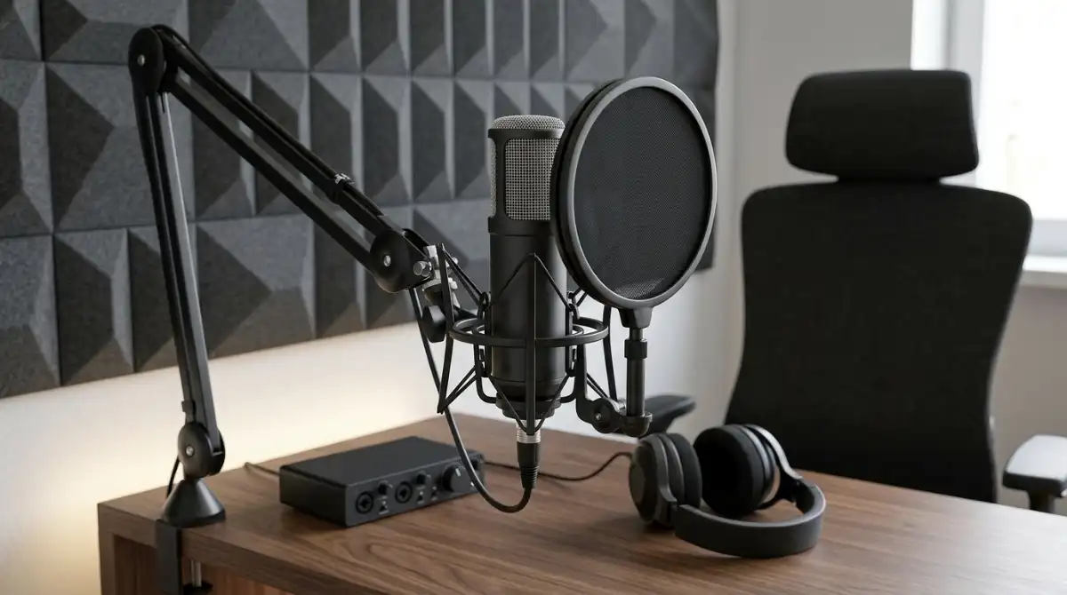 Best Pop Filters For Recording: Top Picks & Buying Guide Professional microphone with a pop filter setup for vocal recording in a home studio