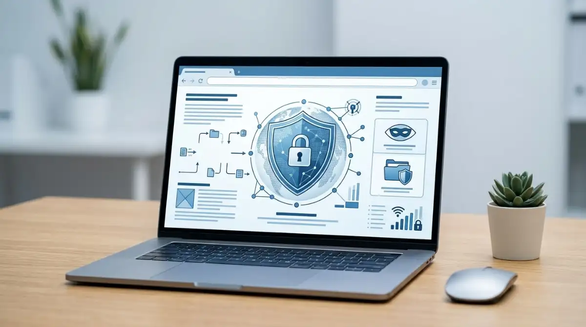 Best Proxy Websites to Unblock Sites (2026): 4 Tested Picks Modern laptop displaying a secure web browsing interface with privacy shield icons and global network connections