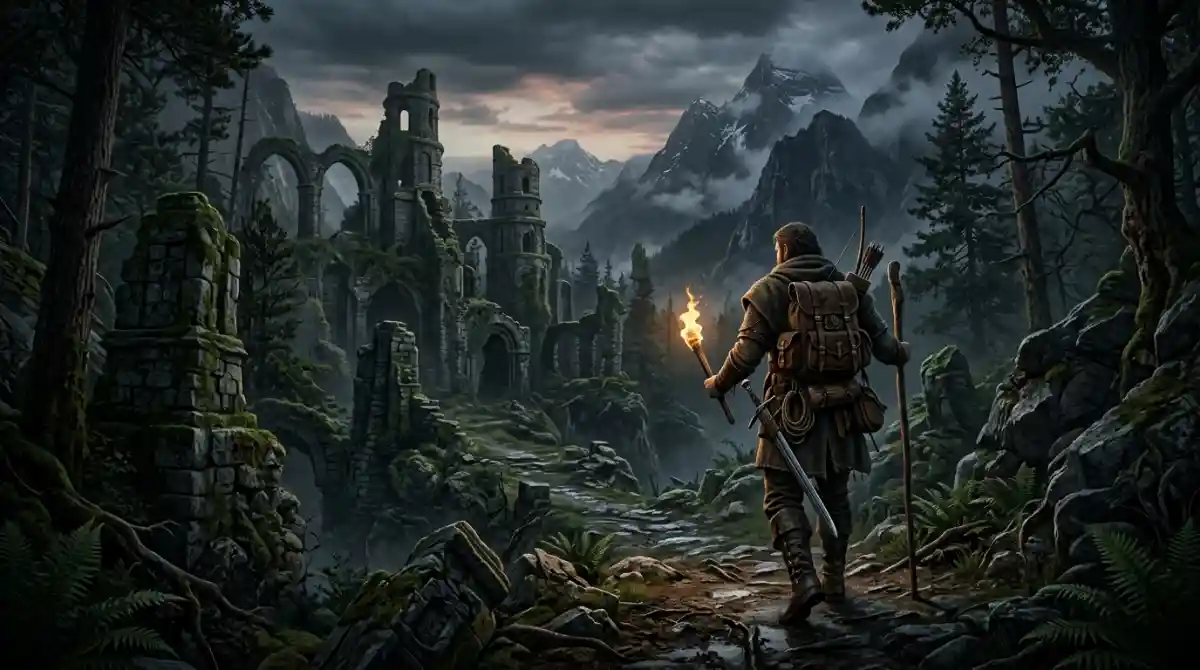 Best RPGs Where Exploration Is Risky: 15 Games Fantasy RPG character exploring a dangerous open world filled with enemies, ruins, and challenging environments