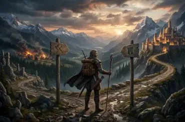 Fantasy role playing game scene showing a hero making important dialogue choices that affect the game world