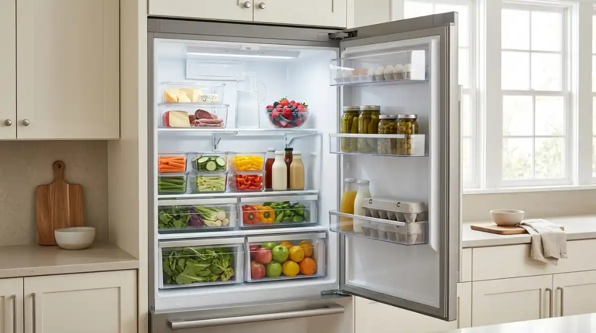 Best Refrigerators Recommended by Reddit (2026): Top Picks Modern refrigerator in a stylish kitchen with organized shelves and fresh food storage representing reliable appliance recommendations