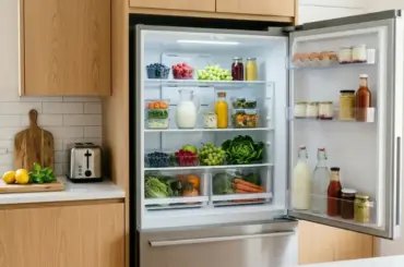 Modern refrigerator without ice maker installed in a clean kitchen with spacious storage shelves and simple design