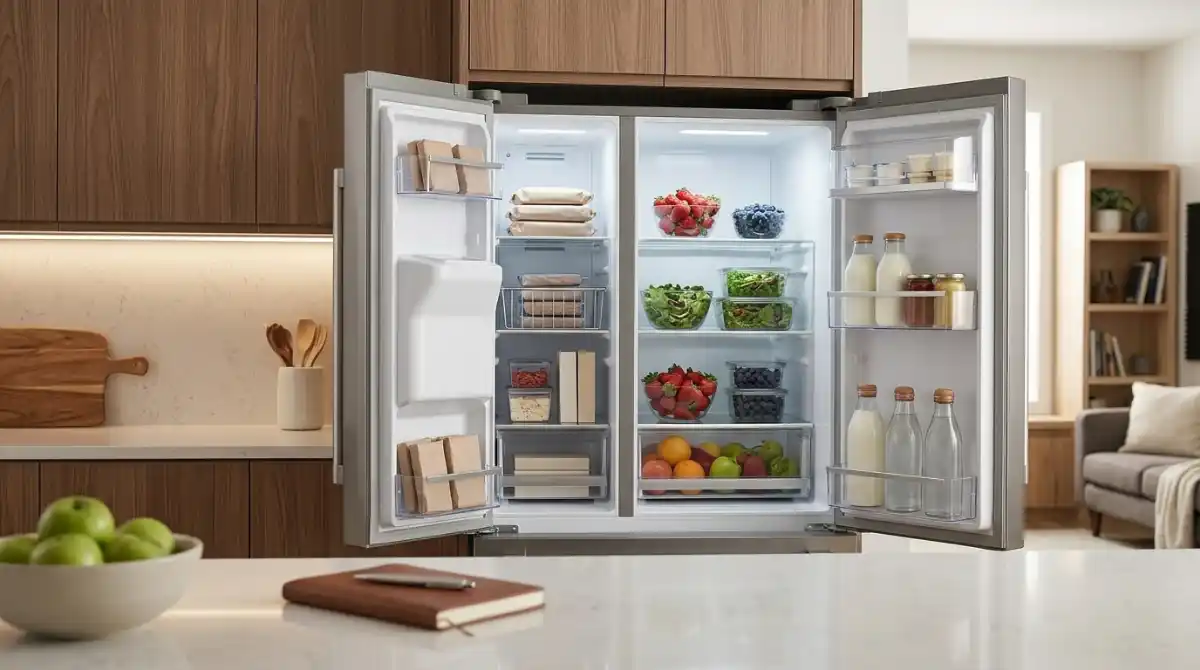 Best Side By Side Refrigerators (2026): 10 Models Tested Modern side by side refrigerator in a stylish kitchen with spacious storage compartments and premium appliance design