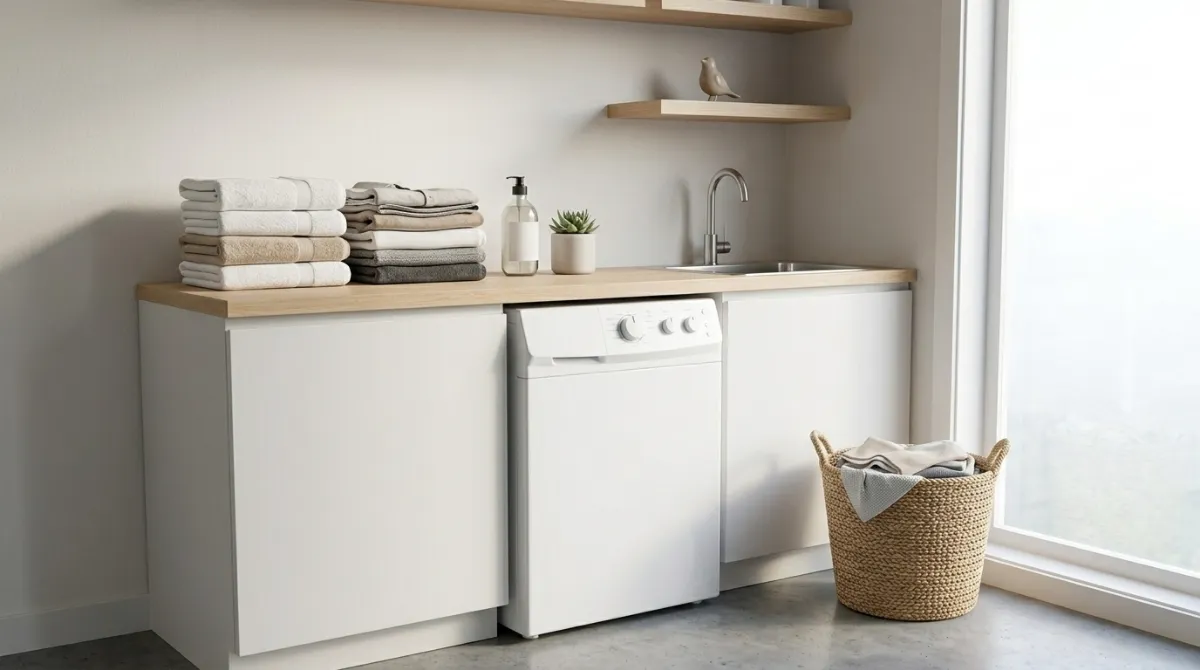 Best Small Washing Machines (2026): Complete Guide Compact small washing machine placed in a modern apartment laundry area with space-saving design and laundry accessories