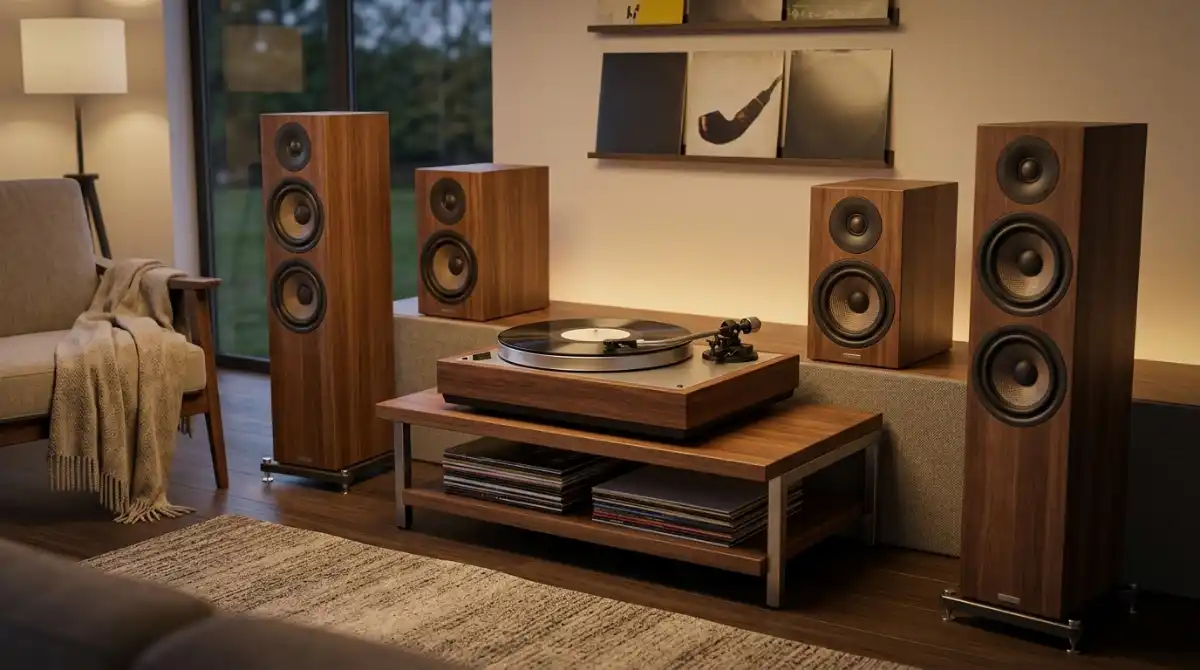 Best Speakers For Vinyl 2026: 12 Expert-Tested Options Modern vinyl record player setup with high-quality speakers delivering rich audio in a stylish home listening room