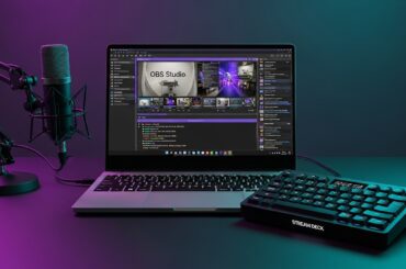 A streaming laptop setup running OBS Studio with multiple 4K inputs, highlighting its high-speed Thunderbolt 5 connectivity and creative workspace integration.